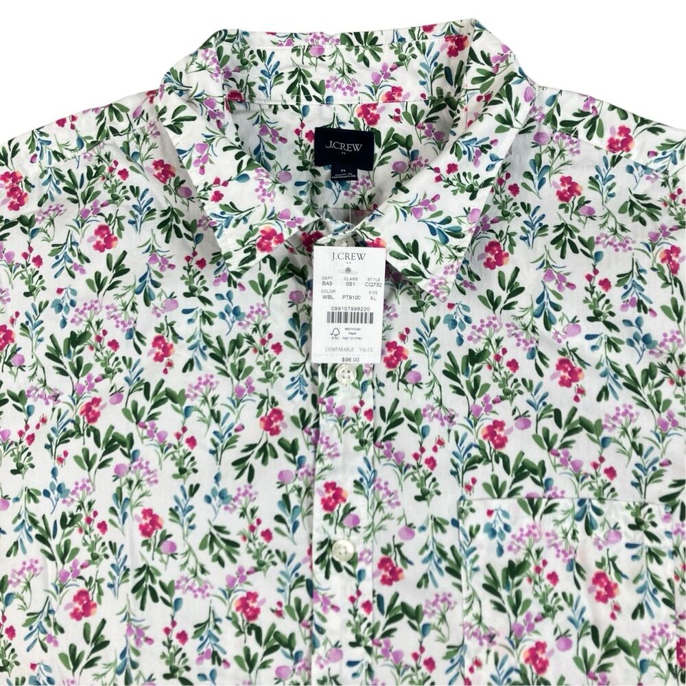 J Crew Button Down Shirt Mens XL White Floral Print Stretch Short Sleeve CQ732